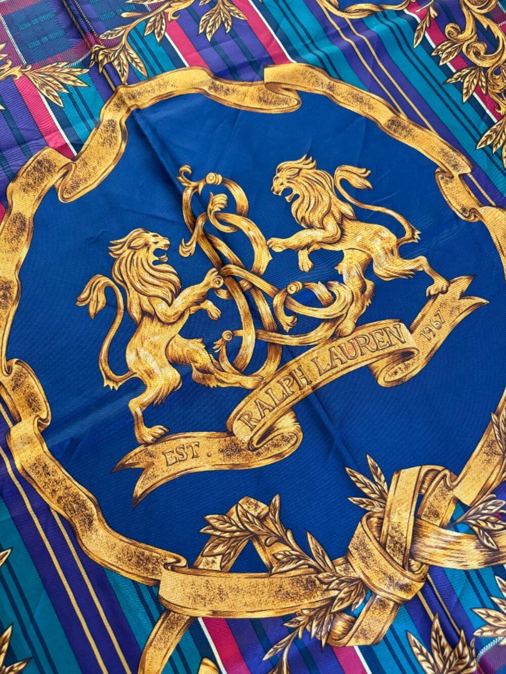 80's 90's Ralph Lauren Lion Crest Tartan & Stripe Silk Scarf - Picture 3 of 5